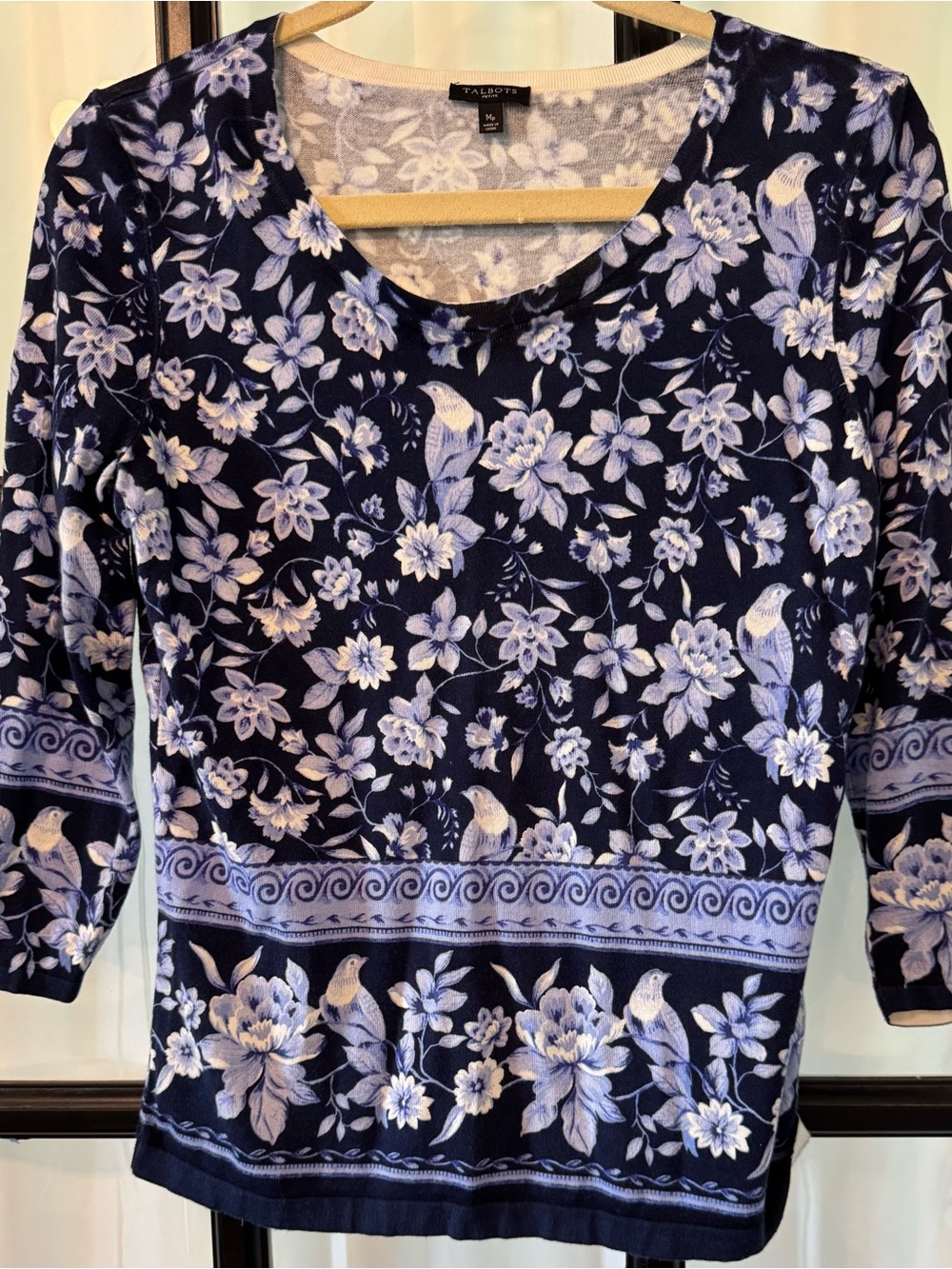 Talbots Navy Floral & Bird Scoop Neck Long (3/4) Sleeve Top